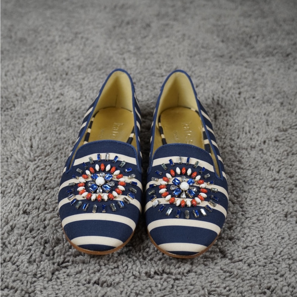 Kate Spade Navy and White Striped Loafers with Embellishments